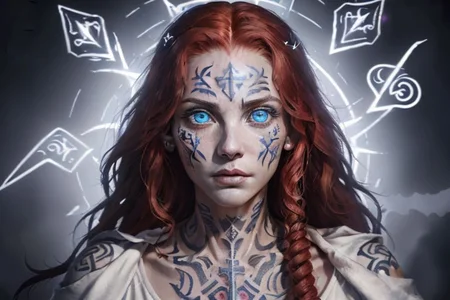 bright red hair, human female, (feminine:1.7), (beautiful face, detailed face:1.6), (beautiful eyes, detailed eyes:1.7), (looking at viewer, eye contact, intense:1.6), (long hair, red hair, curly hair:1.3), , ((masterpiece, best quality, high resolution, realistic, best quality,)), photo realistic, Perfect Face, (detailed face). <lora:GoodHands-vanilla:0.6> <lora:add-detail-xl:0.8>, mage, (Dress White military uniform coat), dagger, rune dagger, glowing runes, , (((glowing magic symbols tattoos, religious tattoos))), ((face tattoos)), glowing tattoos, stone tower in the background