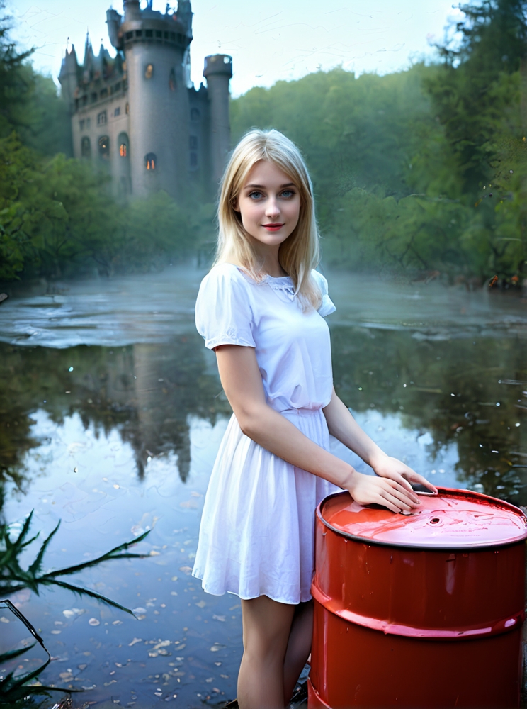 Photo of Sylvia Myren, girl wearing white clothes kicking over a red metal barrel of steaming toxic waste into a pond in a misty eldritch forest, trees glow neon in background, by an overgrown castle ruins in woods, <lora:PerfectEyesXL:0.5>, (detailed, ultra-detailed body:1.1),best quality,photo-realistic,highly detailed,absurdres,cinematic lighting,hyper-realistic,sharp focus,32k resolution,detailxl,SimplePositiveXLv2,