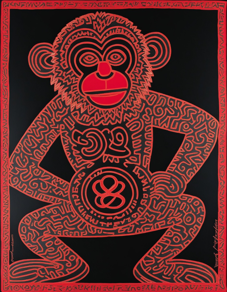 breathtaking <lora:KeithHaringXL_v1:1> KeithHaringXL, a stylized drawing of a Monkey (KeithHaring:1), red tones, highly detailed, High dynamic range, black background, masterpiece, award-winning, professional, highly detailed