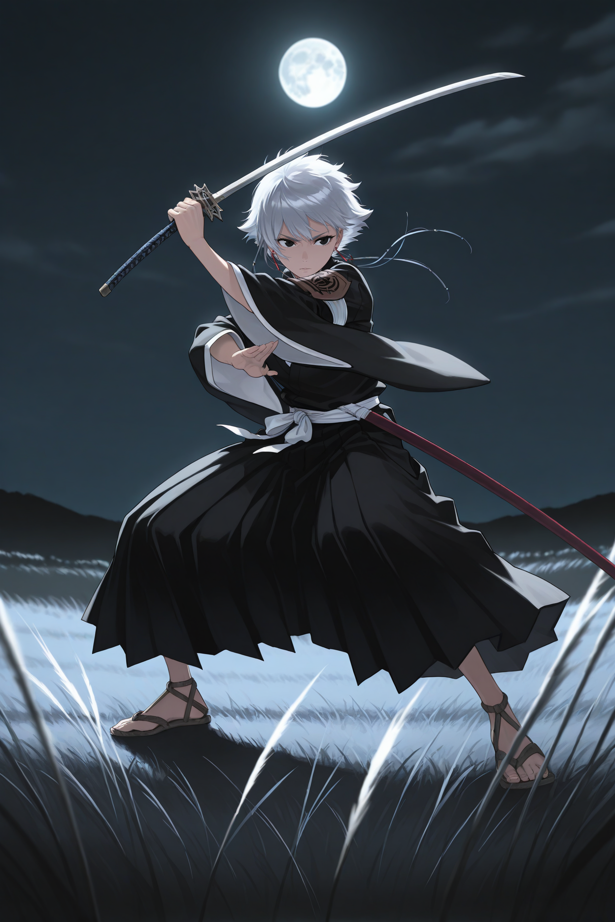 masterpiece, best quality, 1girl, solo,   <lora:kotetsuisane-illu-nvwls-v1_1-000006:1> is4ne, silver hair, short hair with long locks, black eyes, earrings, black kimono, wide sleeves, white sash, black hakama, armband, brown arm badge, holding sword, fighting stance, katana, serious, wide shot, sandals, standing, wide stance, night, field, moon, mountains