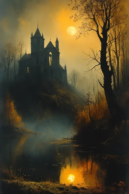gothic style (masterpiece, best quality, hyper detailed, ultra realistic, 32k, RAW photo) rustic pond, rolling hills scattered with trees, autumn, sunset, sharp focus, intricate, detailed illustration, beautiful color palette, incredible details, high contrast, high dynamic light, perfect composition and chiaroscuro by Rembrandt, concept art, by Jarek Kubicki, by Raphael Lacoste, John Pitre, Karine Eibatova, by Ralph Blakelock, by Julie Bell, by Jim Warren, by Aleksey Savrasov . dark, mysterious, haunting, dramatic, ornate, detailed,
<lora:The_Dark_Side_of_the_Earth:0.8>,