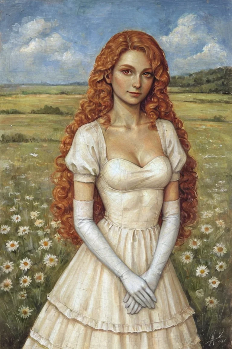 score_9, score_8_up, score_7_up, rating_safe, traditional media, realistic, 1girl, solo, long hair, curly hair, wavy hair, orange hair, orange eyes, looking at viewer, breasts, dress, white dress, puffy sleeves, puffy short sleeves, short sleeves, gloves, elbow gloves, white gloves, cowboy shot, closed mouth, standing, outdoors, field, flower, grass, plant, sky <lora:Gothic Art Style SDXL_LoRA_Pony Diffusion V6 XL:0.8>