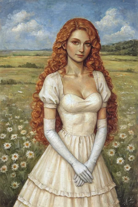 score_9, score_8_up, score_7_up, rating_safe, traditional media, realistic, 1girl, solo, long hair, curly hair, wavy hair, orange hair, orange eyes, looking at viewer, breasts, dress, white dress, puffy sleeves, puffy short sleeves, short sleeves, gloves, elbow gloves, white gloves, cowboy shot, closed mouth, standing, outdoors, field, flower, grass, plant, sky <lora:Gothic Art Style SDXL_LoRA_Pony Diffusion V6 XL:0.8>
