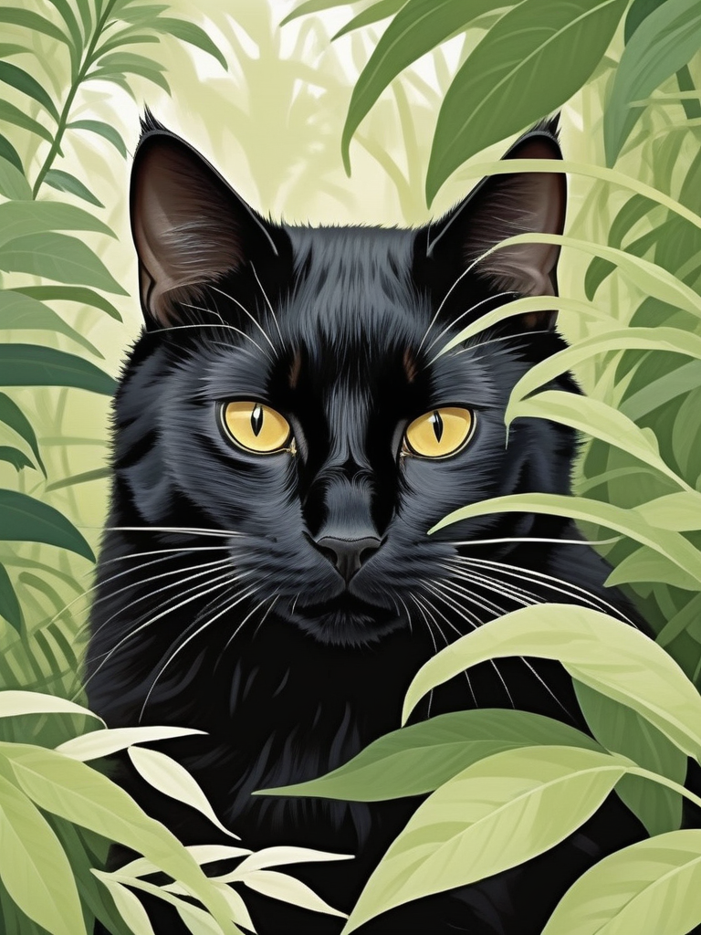 <lora:NatureLandscapePainting01_Hap_XL:1>,  a black cat that is hiding in the bushes, behance art,