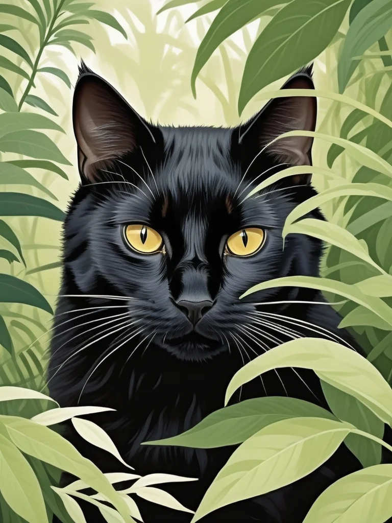 <lora:NatureLandscapePainting01_Hap_XL:1>, a black cat that is hiding in the bushes, behance art,
