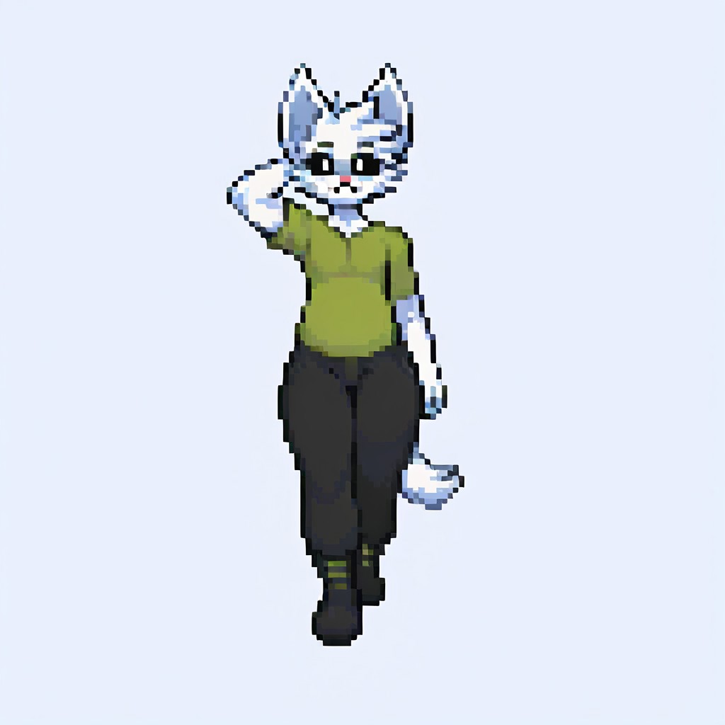 (score_9, score_8_up:1.1), score_7_up, 1boy, solo, black sclera, white fur, colored sclera, feline, white eyes, pink nose, fangs, big ears, seductive face, big ass, thick ass, pose, spiky head tuft, chubby, lime green shirt, black pants, black goth boots, simple background, pixel art, 32bit, dynamic pose, strutting, levitating