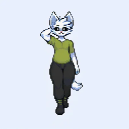 (score_9, score_8_up:1.1), score_7_up, 1boy, solo, black sclera, white fur, colored sclera, feline, white eyes, pink nose, fangs, big ears, seductive face, big ass, thick ass, pose, spiky head tuft, chubby, lime green shirt, black pants, black goth boots, simple background, pixel art, 32bit, dynamic pose, strutting, levitating