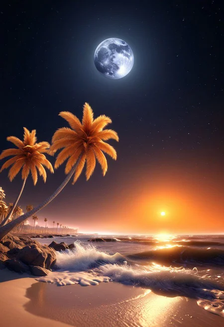 ocean, crashing waves SILVER LIQUID METAL , stars, moon, palm trees, beach, night, Inspiration, orange, yellow, 8k, best render, masterpiece, great, best scenery, beautiful, photorealistic, Milky Way, Night sky