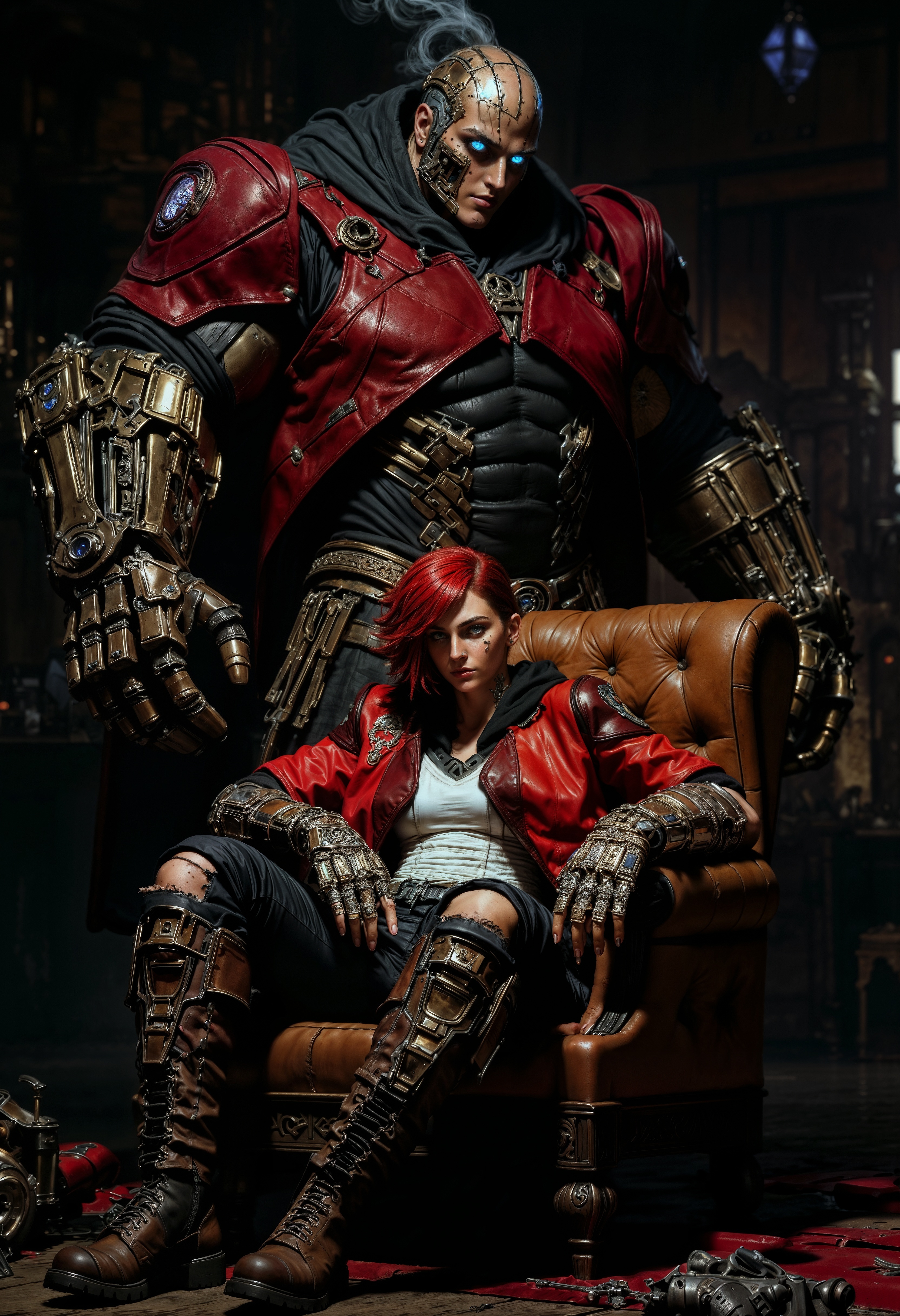 ViA, Highly detailed and dramatic digital artwork featuring a dramatic and moody atmosphere. The layout centers on two characters in a dimly lit room. In the foreground, a woman with freckles and short hair sits on a worn leather armchair. She wears a red jacket, and ripped jeans, exuding a rebellious and confident demeanor. Her expression is serious, and she has large gauntlet on her arm. Behind her stands a large, imposing cyborg with a metallic face and glowing blue eyes. The cyborg's body is heavily armored with various mechanical components and tubes, and it emits smoke from its head. The background is filled with a mix of industrial elements and scattered laboratory equipment, enhancing the futuristic and gritty setting. The overall composition conveys a sense of tension and intrigue, characteristic of the cyberpunk genre.  <lora:FluxMythP0rtr4itStyle:0.6> <lora:flux.1_lora_flyway_Epic-Characters_v1:0.6> <lora:Elden_Ring_-_Yoshitaka_Amano:0.33> <lora:FluxViA:0.9>