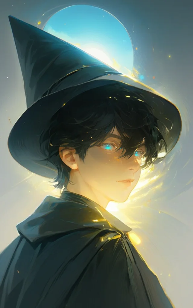 (masterpiece,best quality,ultra_detailed,highres,absurdres:1.2),golden partially colored,(oil painting \(medium\):1.1),strong lens  flare, 1boy, solo,witch hat, black hair, looking at viewer, grey eyes, short hair, blue eyes, floating hair, upper body
<lora:[Yue]Paintingboys-SDXL:1>, synthwave