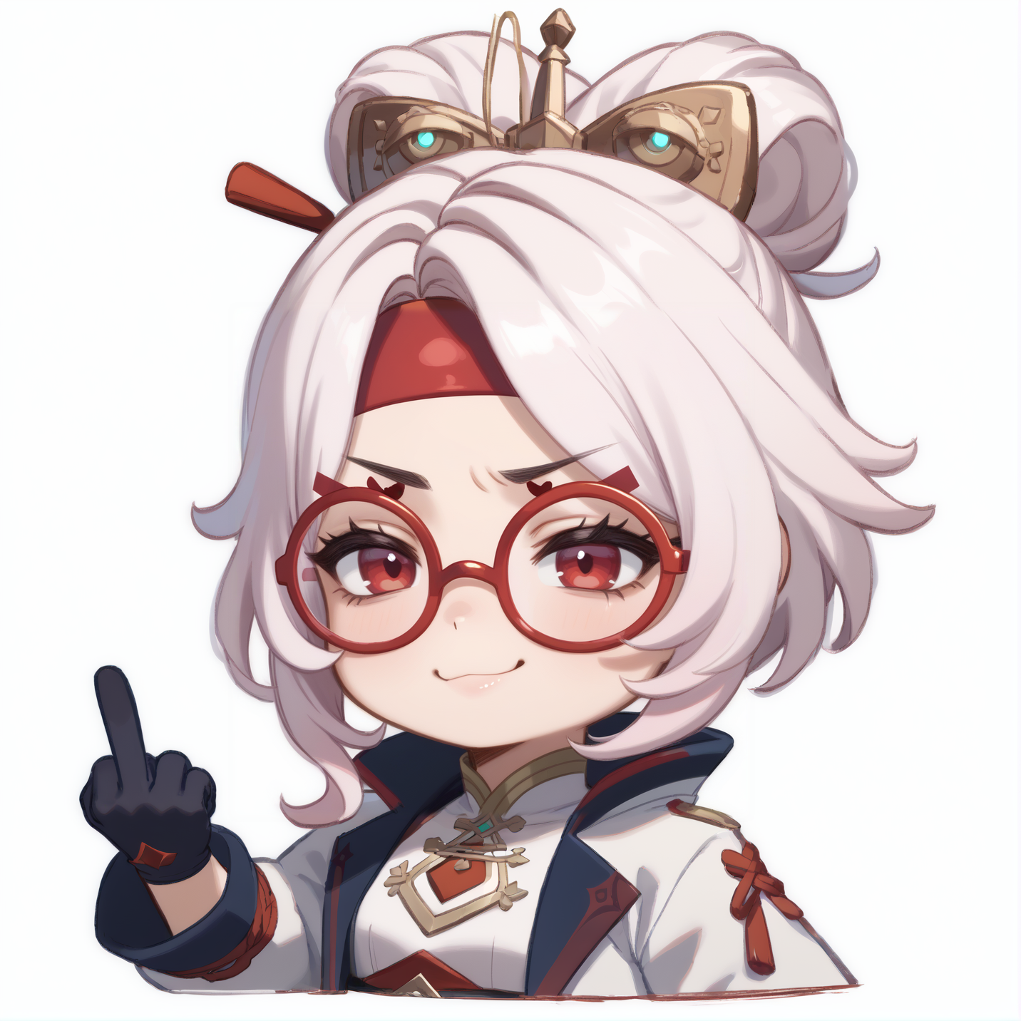 score_9, score_8_up, score_7_up, rating_safe, zPDXL2,  zPDXLxxx, zPDXL3, source_anime, <lora:GenshinChibi:1.2>, 
GenshinChibi, chibi, purah, hair ornament, red headband, sleeveless shirt, white coat, white hair, 
red glasses, red eyes, smug, :3, 
gloves, black gloves, middle finger,  
<lora:purah-pdxl-nvwls-v1:0.8>