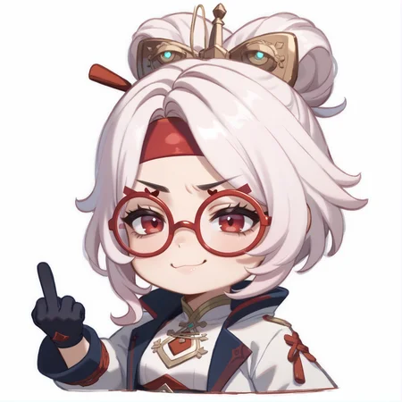 score_9, score_8_up, score_7_up, rating_safe, zPDXL2, zPDXLxxx, zPDXL3, source_anime, <lora:GenshinChibi:1.2>,
GenshinChibi, chibi, purah, hair ornament, red headband, sleeveless shirt, white coat, white hair,
red glasses, red eyes, smug, :3,
gloves, black gloves, middle finger,
<lora:purah-pdxl-nvwls-v1:0.8>