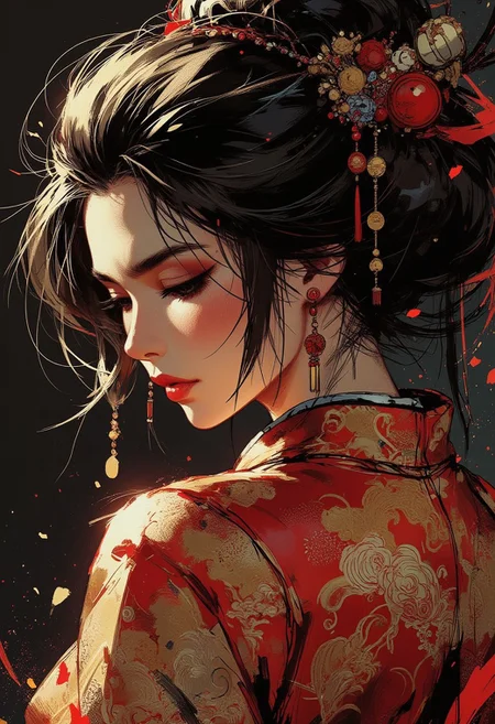 in the style of ck-mgs, nistyle, Special Ink-drawing mode, intricate linework with expressive contrasts, Mh1$AgThS2, Inkplash art on rice paper, sepia, henna , Silhouette Art, magnificent, dark background, inksplash closeup portrait of stunning japanese woman, gold and red cheongsam, light hitting one side of face, abstract traditional japanese art background suggesting a shinto temple