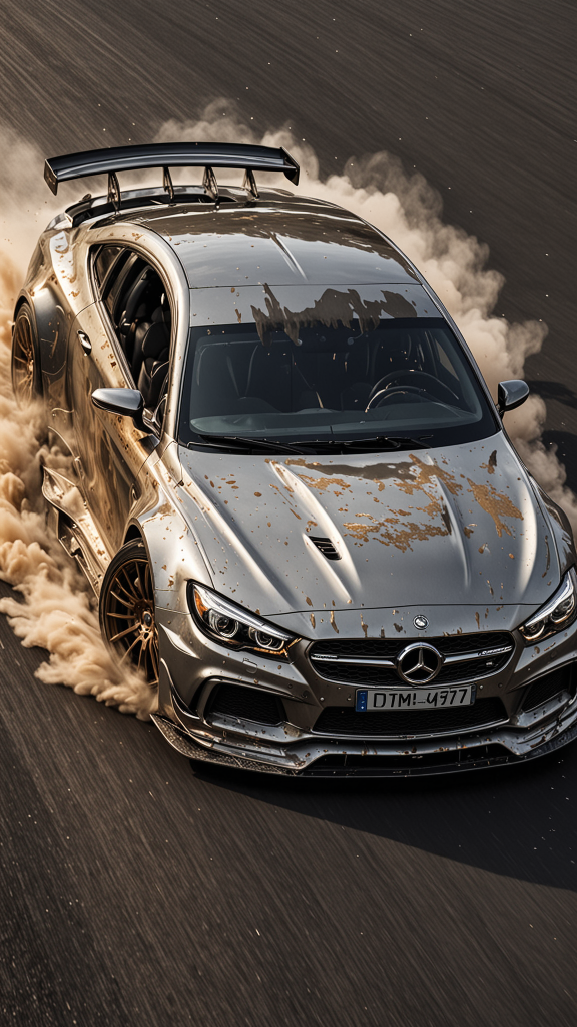 GOLD LIQUID METAL DTM sports car, race car, racing through SILVER LIQUID METAL, liquid metal sprays up from the cars tyres, Car drifting in a black void, <lora:Liquid_Fluid_Metal_XL_-_By_DICE:0.4>