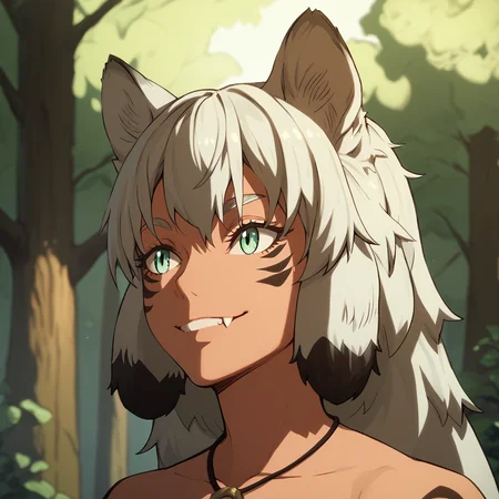 <lora:SlimesSuphia:1>, score_9, score_8_up, score_7_up, slimes_suphia, woman, portrait, facial markings, thick forest background, sunbeams, fanged smile, dog ears