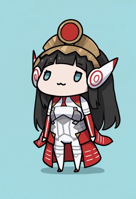 masterpiece, best quality, 1girl, solo, full body, standing, :3, arms at sides, <lora:style_walfie_illustriousXL-GLoRA:1> chibi, dot eyes, aqua background, wide shot, <lora:TaoSMT-illu:1> panag, black hair, long hair, headgear, choppy bangs, aqua eyes, white bodysuit, mecha pilot suit, detached sleeves, red sleeves, furisode sleeves, white gloves, red skirt, showgirl skirt