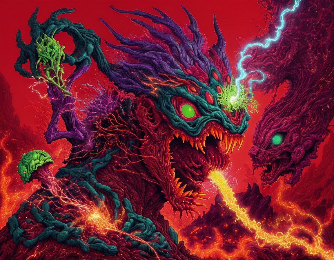 <lora:brho:0.6>brho, hyperbeast holding severed green head, red background, lava, sharp teeth, electricity, alien plants, spikes on back of head, goo splatter, fractal background with spirals