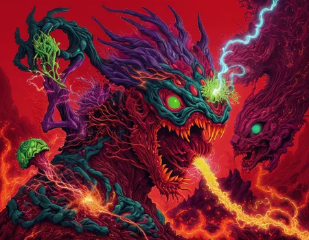 <lora:brho:0.6>brho, hyperbeast holding severed green head, red background, lava, sharp teeth, electricity, alien plants, spikes on back of head, goo splatter, fractal background with spirals