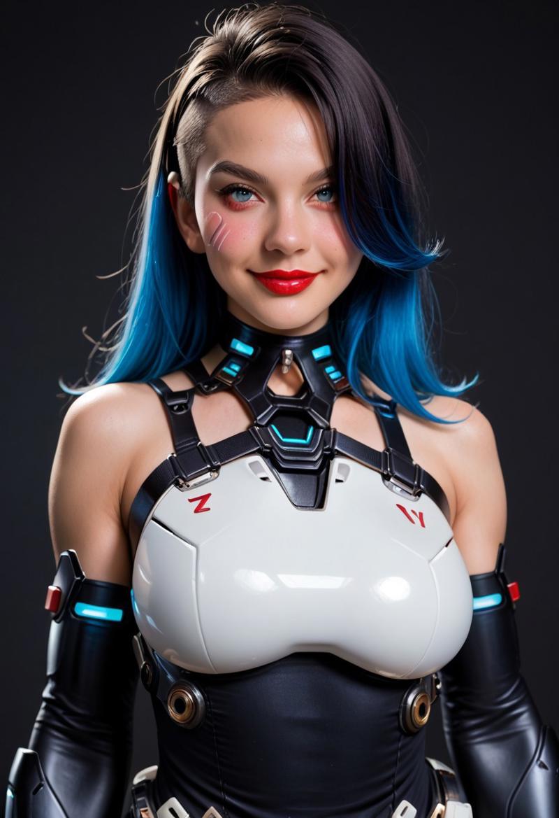 score_9, score_8_up, score_7_up, 
cyb3rpunk, tr4nshum4n1zm, futur1st1c,
rating_safe, 
1girl, solo, long hair, breasts, looking at viewer, blush, smile, bangs, blue eyes, large breasts, black hair, closed dress, gloves, dress, bare shoulders, closed mouth, blue hair, upper body, multicolored hair, elbow gloves, hair over one eye, collar, lips, gradient hair, red lips, science fiction, weapon, helmet, armor, robot,holding weapon, gun, cyborg, cyberpunk, holding gun, mask, mecha,