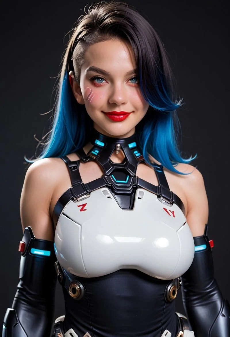 score_9, score_8_up, score_7_up, 
cyb3rpunk, tr4nshum4n1zm, futur1st1c,
rating_safe, 
1girl, solo, long hair, breasts, looking at viewer, blush, smile, bangs, blue eyes, large breasts, black hair, closed dress, gloves, dress, bare shoulders, closed mouth, blue hair, upper body, multicolored hair, elbow gloves, hair over one eye, collar, lips, gradient hair, red lips, science fiction, weapon, helmet, armor, robot,holding weapon, gun, cyborg, cyberpunk, holding gun, mask, mecha,