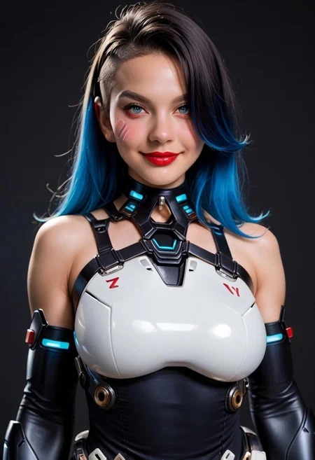 score_9, score_8_up, score_7_up,
cyb3rpunk, tr4nshum4n1zm, futur1st1c,
rating_safe,
1girl, solo, long hair, breasts, looking at viewer, blush, smile, bangs, blue eyes, large breasts, black hair, closed dress, gloves, dress, bare shoulders, closed mouth, blue hair, upper body, multicolored hair, elbow gloves, hair over one eye, collar, lips, gradient hair, red lips, science fiction, weapon, helmet, armor, robot,holding weapon, gun, cyborg, cyberpunk, holding gun, mask, mecha,