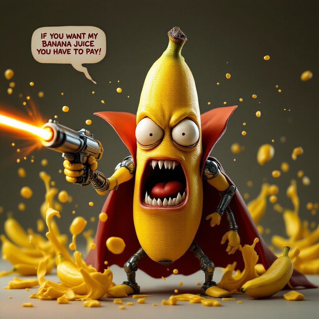 Hyperrealism, hyper realistic, 3D, blender style, a banana dressed as a vampire with robotic arms and legs shooting a lazer gun while saying in a scream bubble while laughing like crazy: "IF YOU WANT MY BANANA JUICE YOU HAVE TO PAY!", big realistic eyes, banana juice squirting from his body all around, very angry, baggy eyes, reddish eyes, screaming, spiting while screaming, extremely expressive, (EXTREMELY ANGRY),