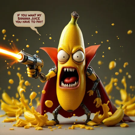 Hyperrealism, hyper realistic, 3D, blender style, a banana dressed as a vampire with robotic arms and legs shooting a lazer gun while saying in a scream bubble while laughing like crazy: "IF YOU WANT MY BANANA JUICE YOU HAVE TO PAY!", big realistic eyes, banana juice squirting from his body all around, very angry, baggy eyes, reddish eyes, screaming, spiting while screaming, extremely expressive, (EXTREMELY ANGRY),