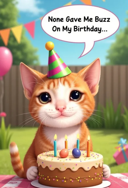 close up cinematic photo, crying cat, in front of a birthday party, with a speech bubble above his head says ''None Gave Me Buzz On My Birthday...'', wearing a party hat, sunny day, backyard, highly detailed, illustration, high quality, clear, 4k,
