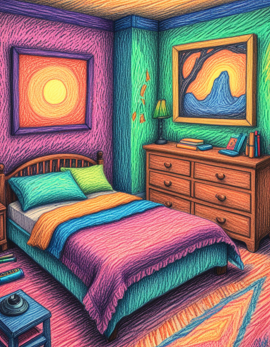 novuschroma72 style a bedroom  crayon drawing <lora:novuschroma72 style:1>, <lora:sdxl_lightning_8step_lora:1>