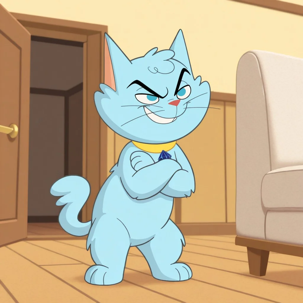masterpiece, best quality, amazing quality, snooky, male, furry male, feral, cat, solo, blue fur, blue eyes, black eyebrows, whiskers, red nose, paw pads, tail, yellow collar, standing up, smirk, teeth, crossed arms, indoors, living room