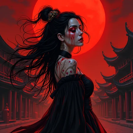 (photorealistic, thick lineart, sharp edges, cel shading, linear hatching) full body, , 1women, vampire, jiangshi, blood on face, blood on clothes, Break chinese temple, Emphasize theatrical elements with extreme opposition of bright colors against dark, moody backgrounds, under a dark red sky,