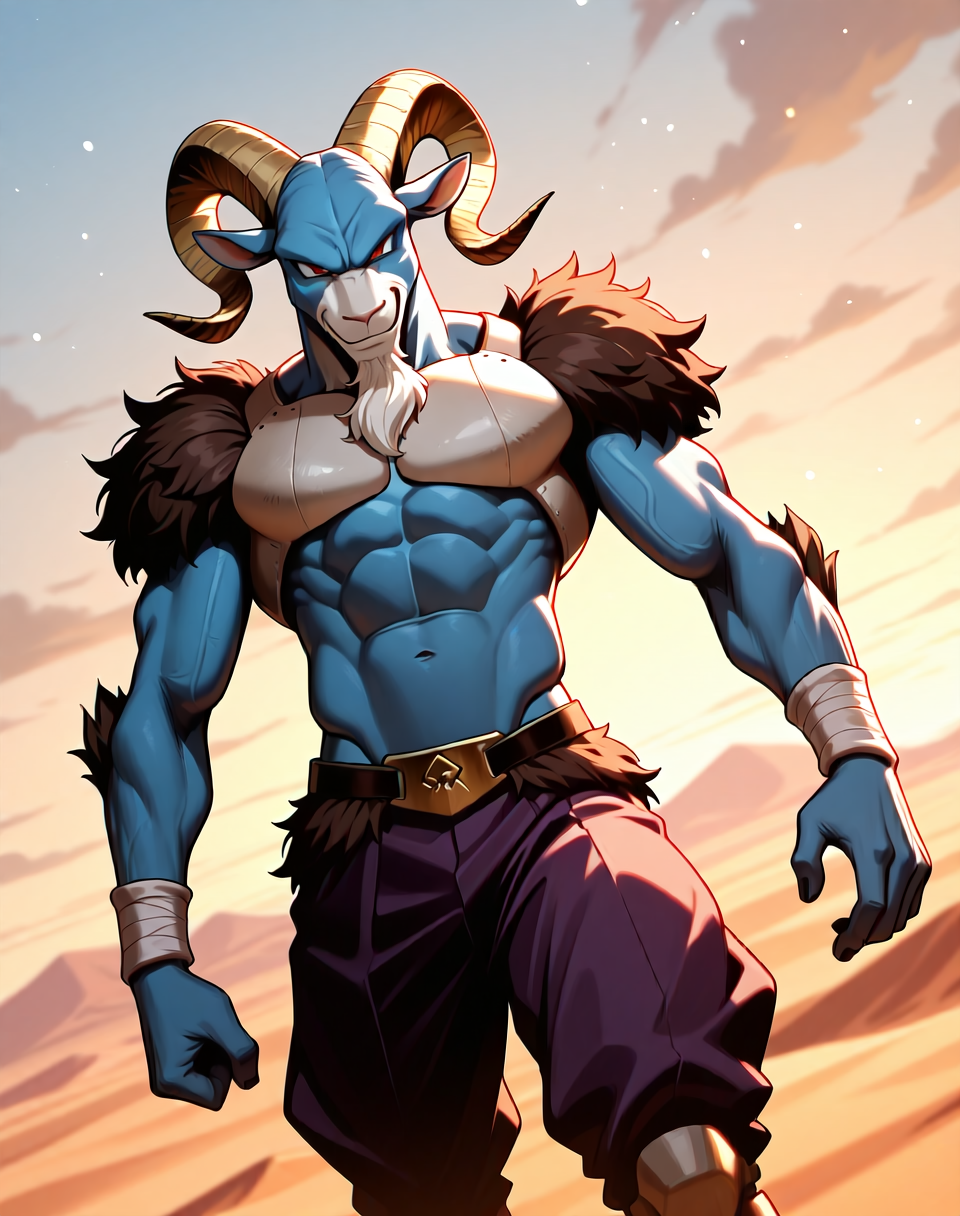 <lora:Moro_2nd_Form_(Dragonball_Z)_(Illustrious)_(AD):1> Moro, muscular, goat,
dutch angle, exterior, desert, sky with detailed clouds,
male focus, gradient coloring, solo, cowboy shot, bent leg, perfect proportions, goat head, blue body, soft shading, evil smirk, old, wrinkles, white beard, brown fur shoulders, brown fur waist, , 
BREAK very awe, aesthetically pleasing, masterpiece, best quality, amazing quality, very aesthetic, perfect depth of field shot, in'ei, furry_art, source_furry, source_anime,
EZRealPONYXL, zPDXL, Smooth Quality, lazympos, IllustQualXL_Pos,
