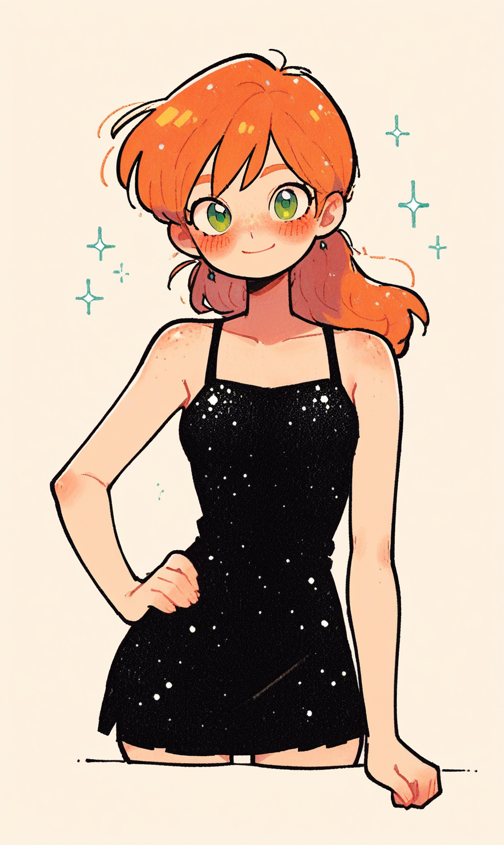 masterpiece,best quality, highly detailed, score_9, score_8_up, score_7_up, score_6_up, , source_cartoon, BREAK, , 1girl, , Mary Jane, Marvel, green eyes, orange hair, freckles, 1girl, , blush, , , looking at viewer, short dress, mini black dress, glitter on black dress, sparkling dress, bare shoulders, From front, one hand on hip, smile, looking at viewer, full figure, smile, good hands,