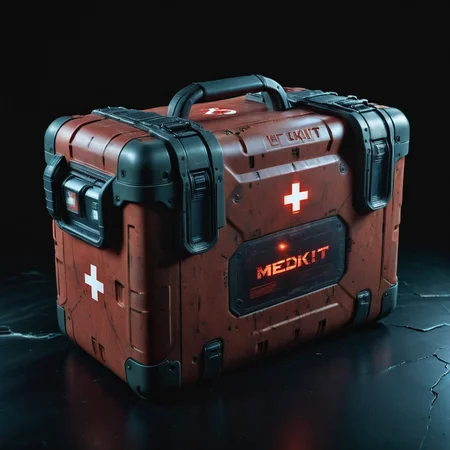 photo focus on military medkit , science fiction, glowing cyberpunk, translucent, <lora:IteMaker-v1e3:1>, black background, red theme , film, professional, 4k, highly detailed, grit, (rust:0.65), cracks, cracked surface, subtle messy, dust, weary, edges rusty dusty, surface scratches, peeled sun bleeched paint, smudges, crumbles, rugged, used