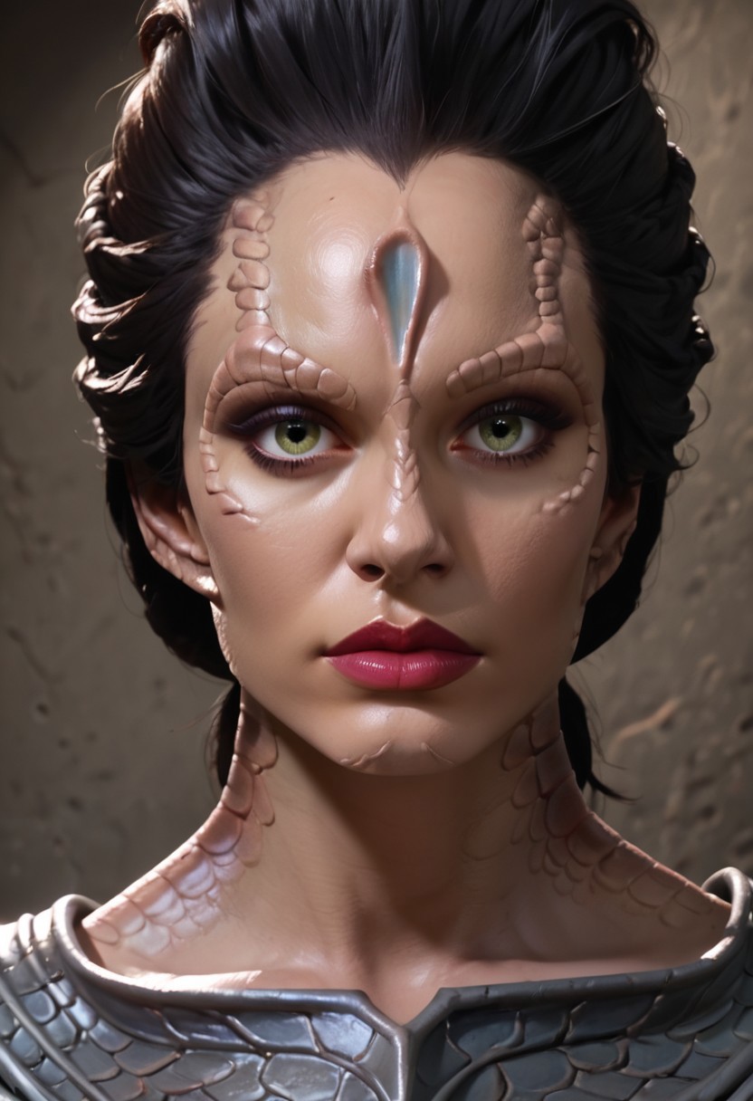 score_9, score_8_up, score_7_up, score_6_up, rating_explicit, (realistic), high resolution, solo, beautiful face, perfect eyes, c4rd45514n alien, forehead crest, grey skin, ridges, scales, black hair, slicked back hard, black armor, scheming, plotting, fingers steepled, on a grey space station