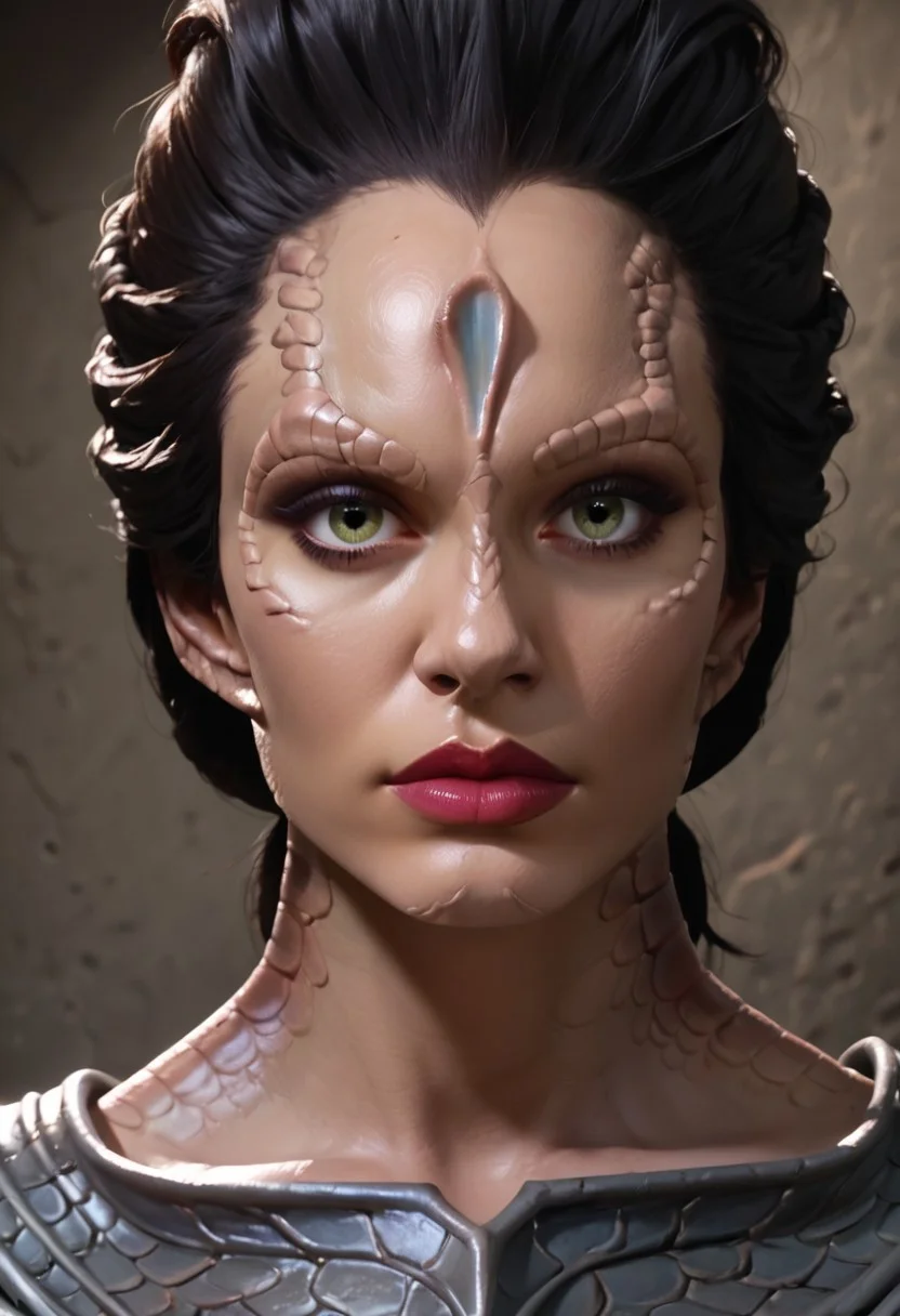 score_9, score_8_up, score_7_up, score_6_up, rating_explicit, (realistic), high resolution, solo, beautiful face, perfect eyes, c4rd45514n alien, forehead crest, grey skin, ridges, scales, black hair, slicked back hard, black armor, scheming, plotting, fingers steepled, on a grey space station