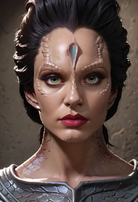 score_9, score_8_up, score_7_up, score_6_up, rating_explicit, (realistic), high resolution, solo, beautiful face, perfect eyes, c4rd45514n alien, forehead crest, grey skin, ridges, scales, black hair, slicked back hard, black armor, scheming, plotting, fingers steepled, on a grey space station