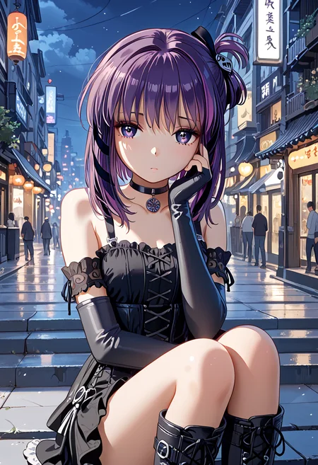 score_9,score_8_up,score_7_up,source_anime, high quality detailed, very aesthetic, 8K, 16K, high quality, best quality, detailed eyes, hand, beautiful hands, prefect hands, perfect anatomy, skin highlights, (1girl, looking away from viewer), Miho, sidelocks, purple hair, hair ribbons <lora:Miho_Tohya__Megatokyo:1>miho, choker, elbow gloves, fingerless gloves, gloves, greyscale, goth boots, sad expression, distant expression, sitting on light post, city, night, Japanese city