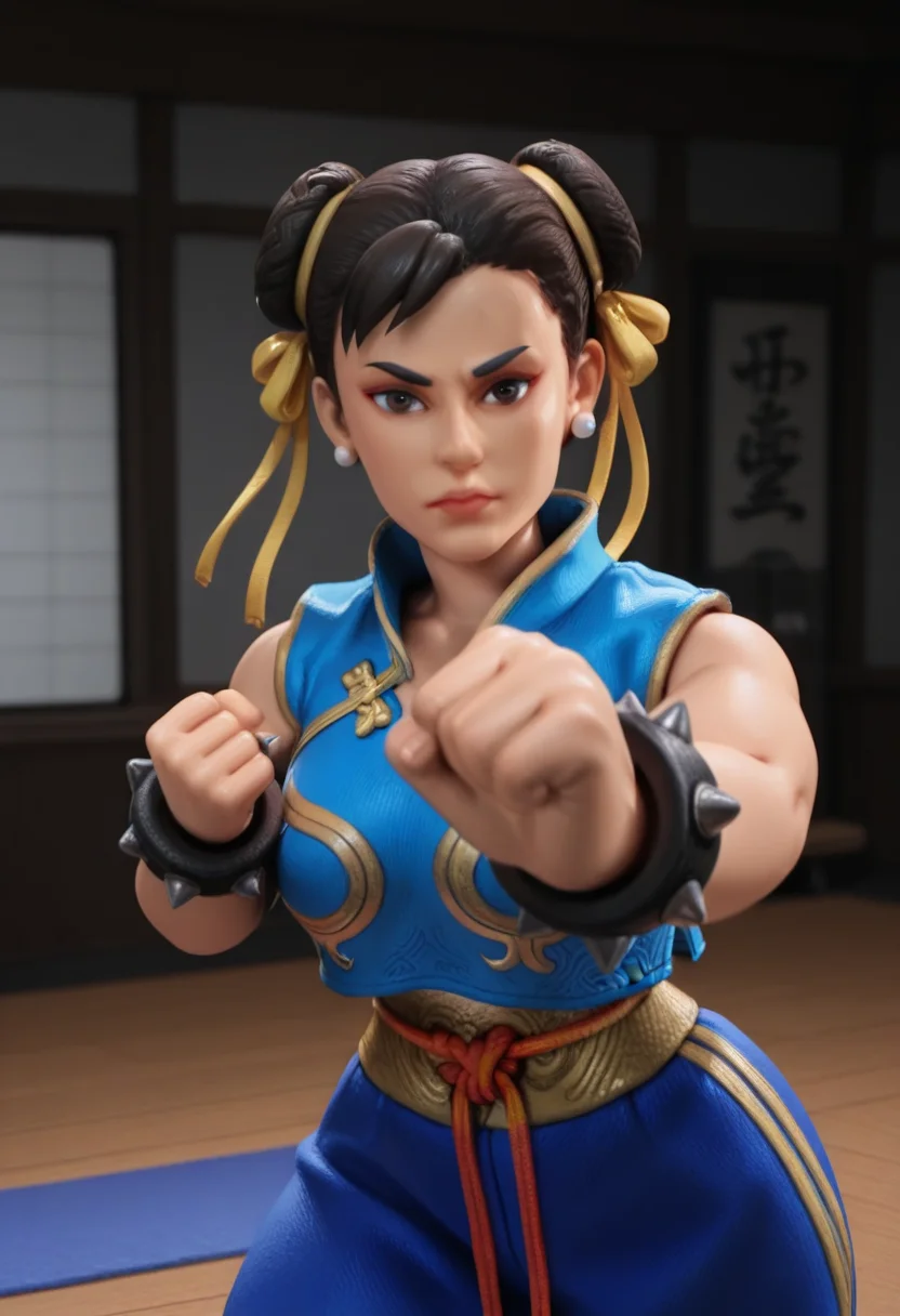 r0b0style, 3d figure, masterpiece, best quality, solo, chun-li \(street_fighter\), dojo, punch coming straight for viewer, fist, pov from viewer,