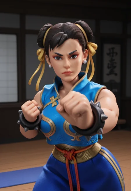 r0b0style, 3d figure, masterpiece, best quality, solo, chun-li \(street_fighter\), dojo, punch coming straight for viewer, fist, pov from viewer,