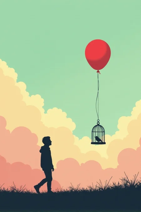 A silhouette of a person walking away from a birdcage, holding a string attached to a single red balloon, against a pastel sky with clouds, minimalist style, vector illustration -- The Price of Freedom
aidmafluxpro1.1,Fantasy detailersâââ