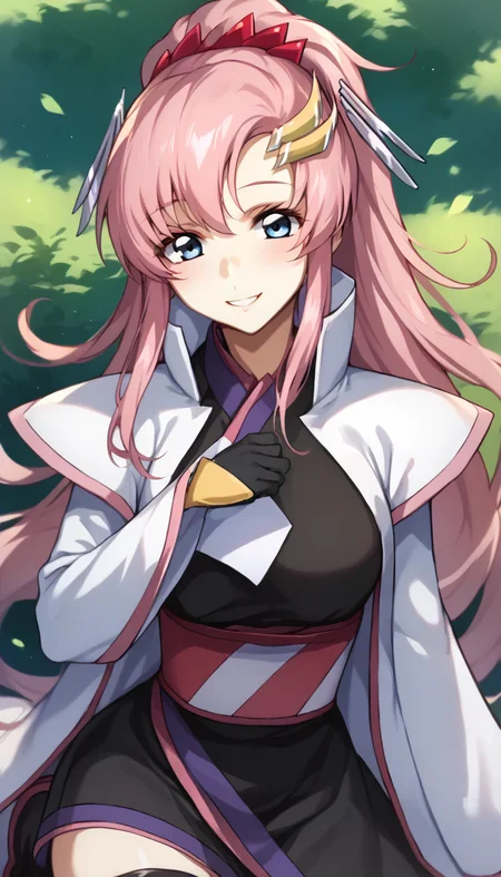 score_9,score_8_up,score_7_up,score_6_up BREAK official art,solo,outdoors,upper body,(portrait:1.5),looking at viewer,facing viewer,smile,blush,Lacus Clyne,very long hair,pink hair,ponytail,hair ornament,sidelocks,bangs,blue eyes,japanese clothes,white cape,black dress,red obi,long sleeves,wide sleeves,black gloves,medium breasts,zettai ryouiki,black thighhighs,boots,<lora:Lacus Clyne(msg seed)-Pony:1.8>,