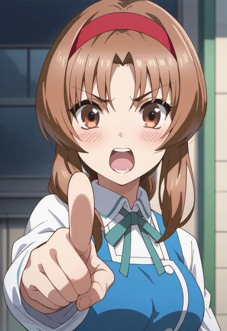 score_9, score_8_up, score_7_up, source_anime, takao, brown hair, brown eyes, long hair, hairband, 1girl, solo, pointing, blush, open mouth, pointing at viewer, looking at viewer