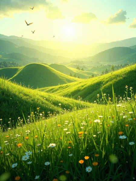 Emerald green grasslands interwoven with vibrant wildflowers, sprawling across rolling hills, cascades of sunlight creating a golden glow, gentle breeze swaying tall grass, birds silhouetted against the open sky; untouched nature, serene atmosphere, delicate flora, native fauna, harmonious ecosystem; breathtaking tranquility, masterful 8k rendering, ultra-detail, intricate beauty, natural warm colors, expansive perspective, ethereal quality <lora:style_of_Norman_Ackroyd_FLUX_100:0.5> <lora:It's a LoRA for portraits, BUT! actually specialized in backgrounds. v1.0:0.7> <lora:FluxMythP0rtr4itStyle:0.5> <lora:flux_dev:1>