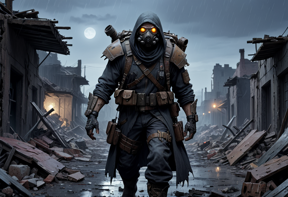 (medium full shot) of (long shot , slightly above) of wasteland trader scavenging for supplies, detailed face, located in a ruined world at a destroyed town during twilight with rainy weather, illuminated by starlight, creating a survivalist atmosphere, ,Masterpiece,best quality, photo, realistic, very aesthetic