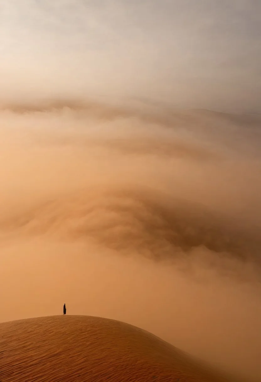 A lone figure dissolving into the shadows of a vast ethereal caramel fog