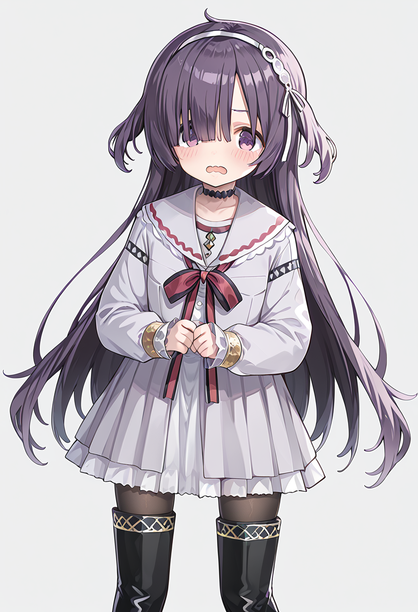 score_9, score_8_up, score_7_up, source_anime, rating:general,  <lora:lowres_concept_ponyXL_v1:-0.3>
BREAK,
1girl, solo, <lora:sumeragi_utsutsu_PonyXL_v1:1> sumeragi utsutsu, purple hair, long hair, bangs, purple eyes, 
looking at viewer, blush, open mouth, simple background, thighhighs, long sleeves, white background, dress, ribbon, school uniform, standing, pantyhose, hairband, boots, frills, choker, black thighhighs, sailor collar, black footwear, white dress, hair over one eye, red ribbon, two side up, neck ribbon, thigh boots, wavy mouth,