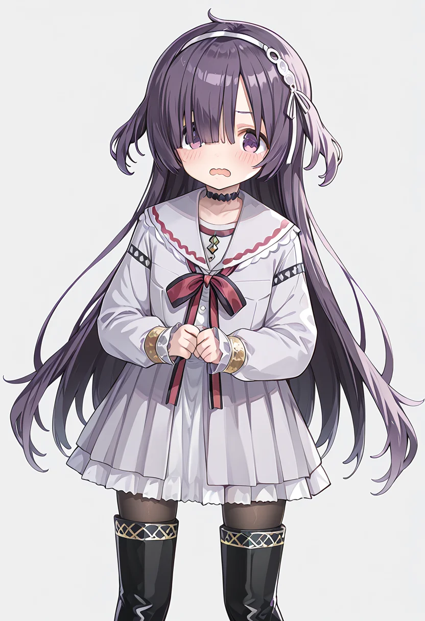 score_9, score_8_up, score_7_up, source_anime, rating:general, <lora:lowres_concept_ponyXL_v1:-0.3>
BREAK,
1girl, solo, <lora:sumeragi_utsutsu_PonyXL_v1:1> sumeragi utsutsu, purple hair, long hair, bangs, purple eyes,
looking at viewer, blush, open mouth, simple background, thighhighs, long sleeves, white background, dress, ribbon, school uniform, standing, pantyhose, hairband, boots, frills, choker, black thighhighs, sailor collar, black footwear, white dress, hair over one eye, red ribbon, two side up, neck ribbon, thigh boots, wavy mouth,