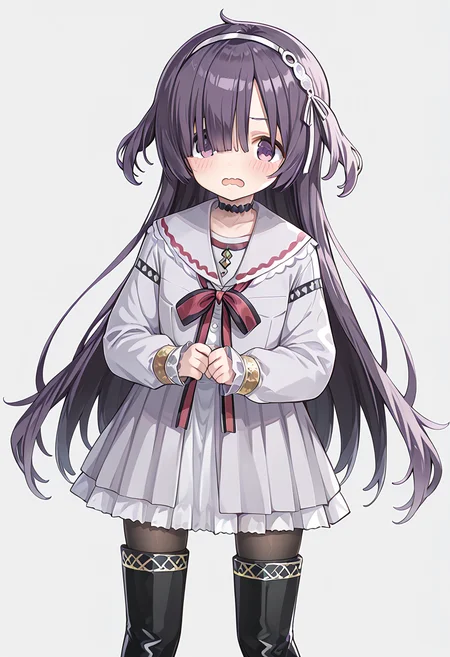 score_9, score_8_up, score_7_up, source_anime, rating:general,  <lora:lowres_concept_ponyXL_v1:-0.3>
BREAK,
1girl, solo, <lora:sumeragi_utsutsu_PonyXL_v1:1> sumeragi utsutsu, purple hair, long hair, bangs, purple eyes, 
looking at viewer, blush, open mouth, simple background, thighhighs, long sleeves, white background, dress, ribbon, school uniform, standing, pantyhose, hairband, boots, frills, choker, black thighhighs, sailor collar, black footwear, white dress, hair over one eye, red ribbon, two side up, neck ribbon, thigh boots, wavy mouth,