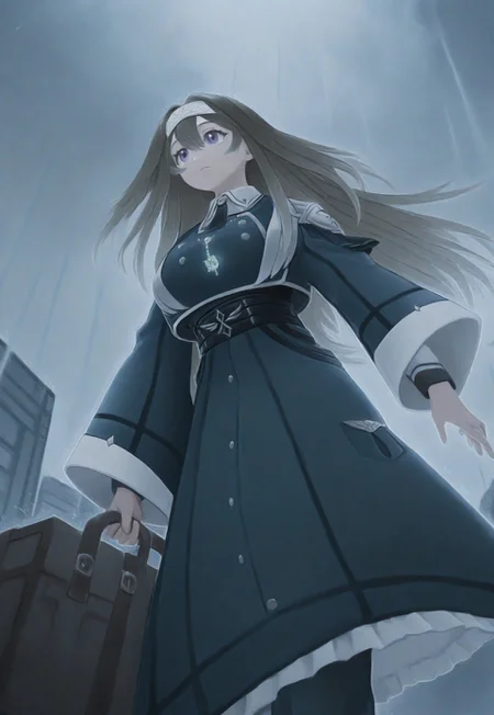 masterpiece, best quality, absurdres, highres, dynamic angle, dynamic lighting, vivid, line art, promotional art, close shot, exosister irene, 1girl, solo,  blue jacket, white collared shirt, white headband, blue long skirt, black ascot, yellow pearl necklace, suitcase, holding suitcase, confident,  standing,  doors, bench,  japanesetrainstation, lights,  clouds, overcast, raining, dark, anime,  anime, 